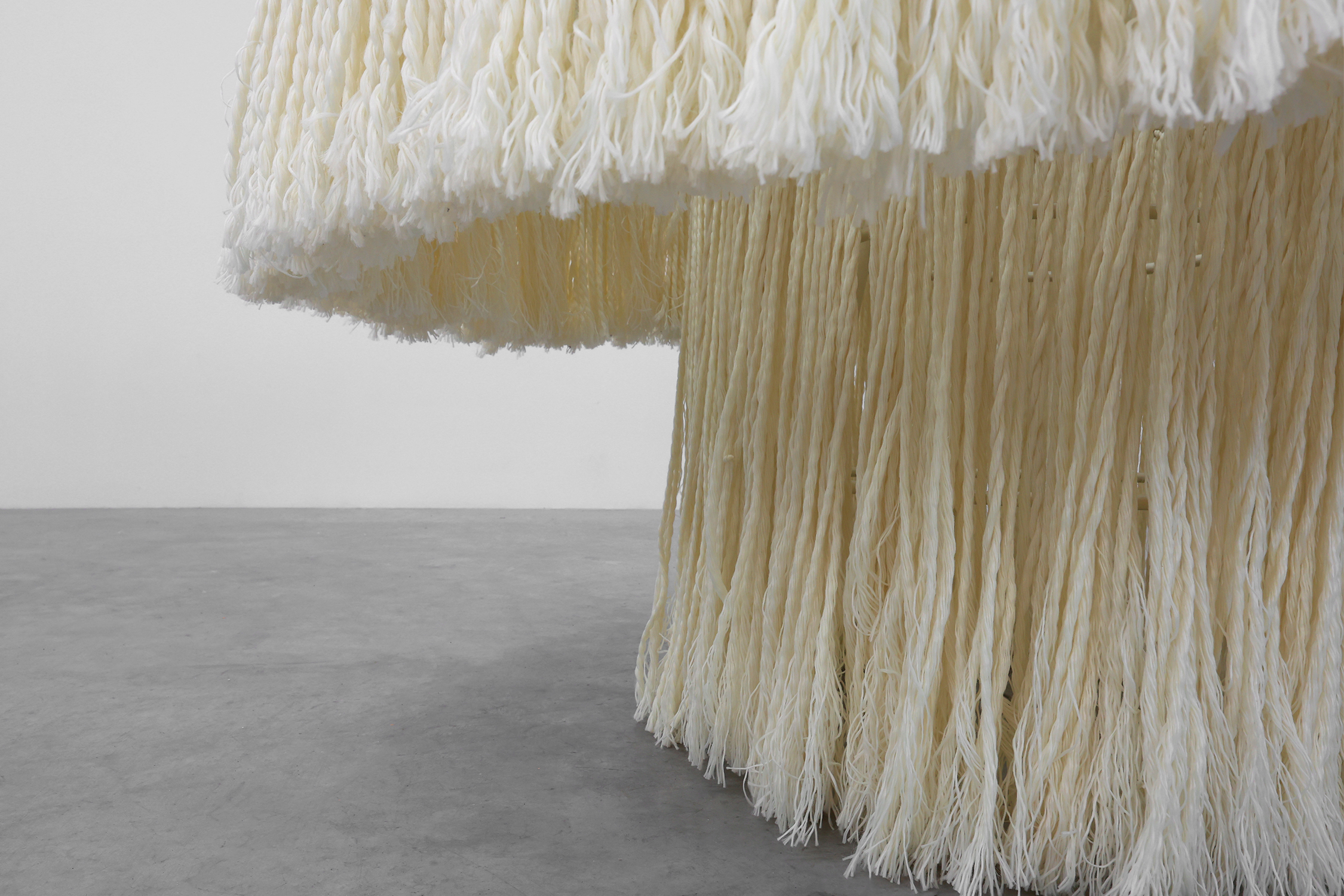 Monumental white dining table with glass top and macram&eacute; in Hollywood regency style, Italy 20th century thumbnail
